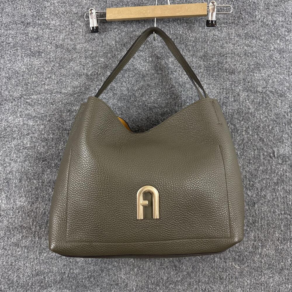 Furla Primula Hobo Bag Pebbled Leather Shoulder Tote Green Luxury Chic Office